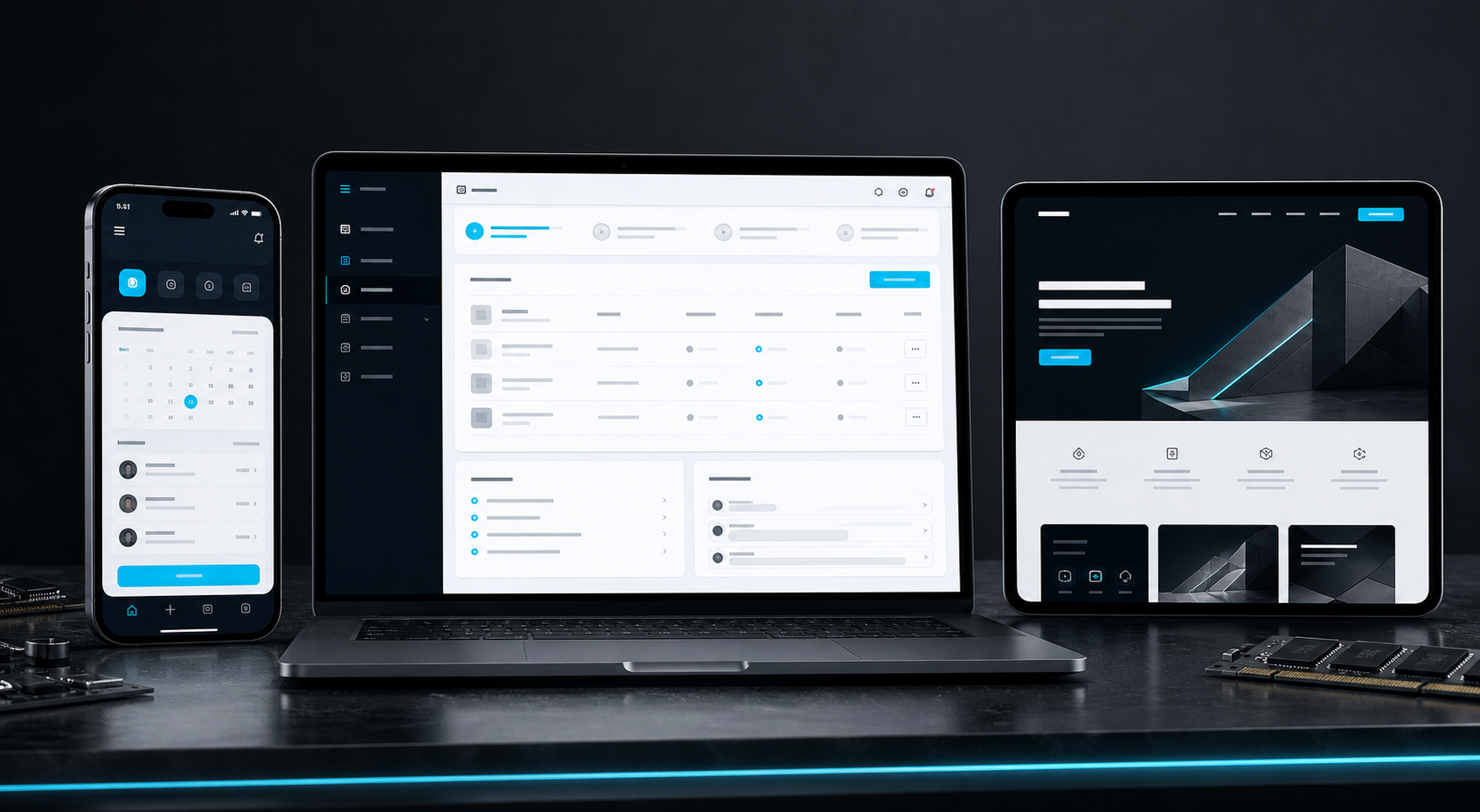 Abstract device mockups for a booking app, wholesale portal, and landing website